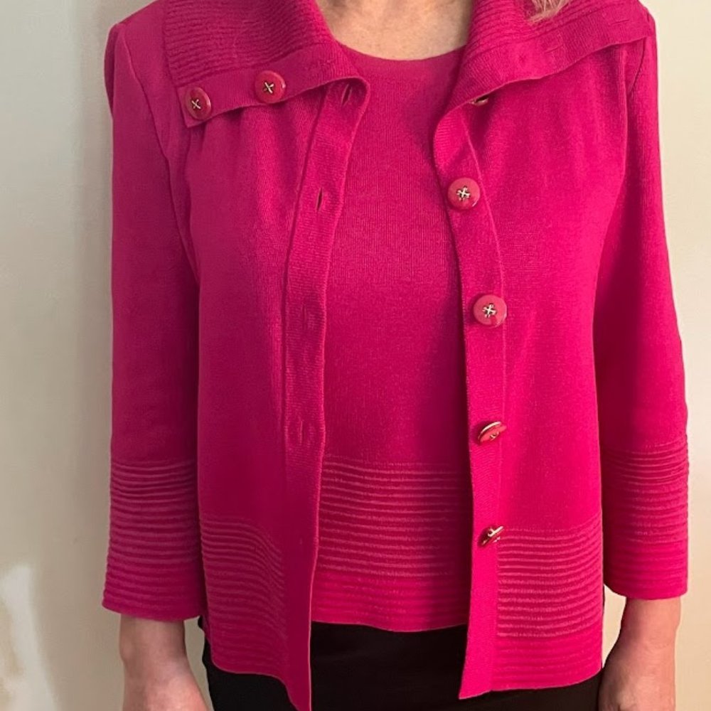 ST JOHN Fuchsia Pink Wool/Rayon Cardigan Sweater and Sleeveless Top, Size S